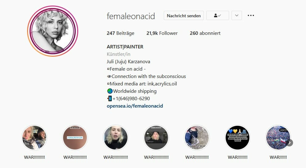 Drastic change of subject on Instagram. Juli Karzanova's so-called highlights only contain more war themes.