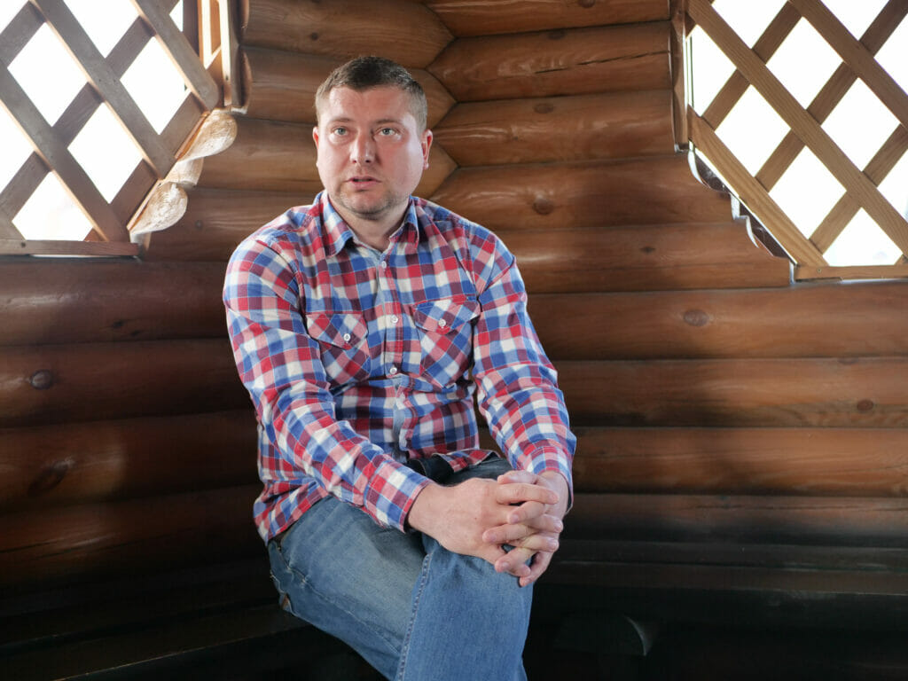 Dmitro Soochekov fled Bakhmut with his family and now lives in a guest room at Ahrobud in Orativ.